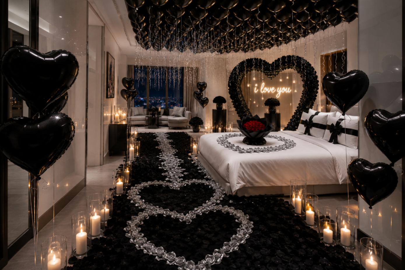 A romantic bedroom decorated for Valentine's Day or a special occasion, featuring a black carpeted aisle with heart-shaped crystal arrangements, black heart-shaped balloons, numerous lit candles, and a large black heart backdrop with a glowing 'i love you' sign behind the bed.